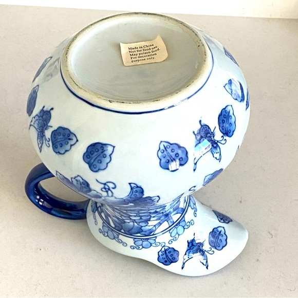 Asian Blue and White Floral Porcelain Pitcher - Picture 6 of 8